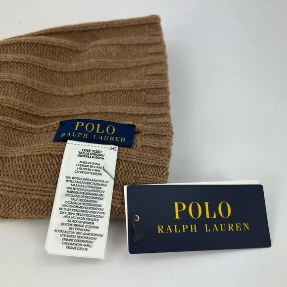POLO RALPH LAUREN, LIGHT BROWN BEANIE, ONE SIZE FITS, 50% WOOL 50% NYLON, UNISEX - Picture 12 of 17